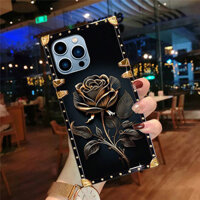 Ốp lưng iphone 16 Pro Max 15 14 13 12 11 XR XS 8 7 6Plus Ốp điện thoại chống sốc hình vuông hoa hồng màu đen thời trang