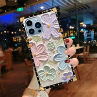 Ốp lưng iphone 16 Pro Max 15 14 13 12 11 XR XS 8 7 6 Plus Tranh sơn dầu thời trang Họa tiết hoa Vỏ điện thoại chống sốc hình vuông