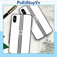 ỐP LƯNG TRÁNG GƯƠNG KÍNH CƯỜNG LỰC IPHONE, SAMSUNG NHIỀU ADIDAS NỀN TRẮNG SỌC ĐEN - PUKISHOPVN