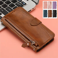 Ốp Nóng Cho IPhone 16 15 14 Plus 13 12 11 Pro Max Màu Nâu Dây Kéo Lật Đứng Da Ví Bao Da