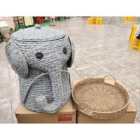 (Optional) Sọt lục bình hình con Voi, đựng đồ, vải lót, nắp rời, size 50cm + Khay tròn 40cm nhựa giả mây