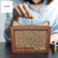 Or _ Hộp tiết kiệm tiền Hộp đựng tiền bằng gỗ Hộp đựng tiền tai mèo bằng gỗ có quầy Euro Piggy Bank dành cho trẻ em và người lớn Bình thử thách tiết kiệm tiền