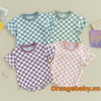 Oraby-baby Áo liền quần Checkerboard In Hình Cổ Tròn Tay Ngắn Romper Quần Áo Tập Đi