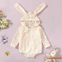Oraby-baby Bé Gái Ren Áo Liền Quần Dài Tay Thỏ Tai Có Mũ Trùm Đầu Nơ Rỗng Body Quần Áo