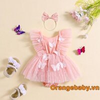 Oraby-baby Girl 2 Bộ 3D Bướm Bay Tay Lưới Romper Đầm + Nơ Băng Đô