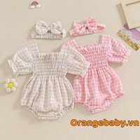 Oraby-baby Girl 2 Chiếc Áo liền quần in hình kẻ sọc ngắn có băng đô Bộ quần áo trẻ sơ sinh