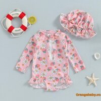 Oraby-kids Bé Gái Rash Guard Đồ Bơi Tay Dài In Dâu Ruffles Dây Kéo Bộ Đồ Tắm Tập Đi Có Mũ Bơi