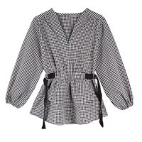 (Order-ảnh thật) Áo sơ mi tay bo cổ V kẻ peplum tầng phối dây belt 2 bên