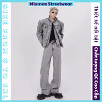 [ORDER+ẢNH THẬT-CÓ BIG SIZE] Set áo khoác denim jacket croptop + quần bò jeans ống suông màu xám khói trơn wash hiphop