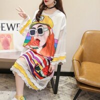 (Order-ảnh thật) Đầm oversize tay ren loe dáng suông đuôi cá hoạ tiết cô gái cá tính - độc - lạ - ullzang 2019