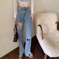 [ORDER+ẢNH THẬT] Quần bò jeans ống rộng xẻ tà eo cao rách gối hình trái tim đính hạt cườm Ulzzang hack chân siêu xinh ❤️