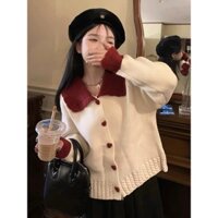 (ORDER) Áo khoác len cardigan cài khuy cổ bẻ POLO phối 2 màu đỏ trắng điệu đà vintage