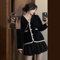 (ORDER) Áo khoác tiểu thư nhung lông đen hot hit viền thừng sang chảnh
