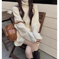 (ORDER)- Áo len cổ lọ dáng rộng dài phong cách retro màu trơn cho nữ thu đông 2024