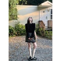 (ORDER) Áo len dài tay cổ cao cài khuy MORAN+ Chân váy dáng chữ A màu vằn bạc phong cách công sở Hàn Quốc tiểu thư