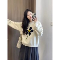 (ORDER) Áo Len Nữ Dệt Kim Dài Tay, Áo Len Thêu Hoa Dáng Rộng Phong Cách Hàn Quốc