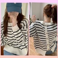 [ORDER] Áo Len Sọc Kẻ Thiết Kế Khuy Sau Lưng Sang Trọng, Áo Len Mỏng Dài Tay Dáng Rộng Hàng Đẹp