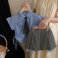 (ORDER) Áo sơ mi cộc tay kẻ sọc xanh dương rút dây eo + Chân váy xòe ngắn xếp ly xám style học sinh cho bé gái hàng QC