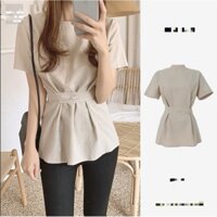 (ORDER) Áo sơ mi cộc tay thắt nơ sau lưng MORAN thon eo style điệu đà vintage công sở Hàn Quốc