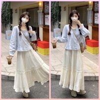 [ORDER] Áo Sơ Mi Dài Tay Cổ Phối Ren Nhẹ Nhàng, Chân Váy Chữ A Hàng Quảng Châu Loại Đẹp