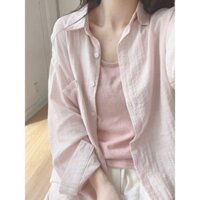 (ORDER) Áo sơ mi dài tay lanh cotton màu hồng phấn nhạt nhẹ nhàng nữ tính Hàn Quốc