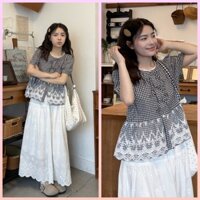 [ORDER] Áo Sơ Mi Ngắn Tay Cổ Tròn Phối Ren Sang Trọng Phong Cách Hàn Quốc,Chân Váy Chữ A Hai Lớp Hàng Quảng Châu Loại 1
