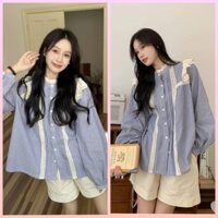 [ORDER] Áo Sơ Mi Nữ Dài Tay Cổ Đứng Phối Ren Nhẹ Nhàng Tiểu Thư, Áo Sơ Mi Dáng Rộng Hàng Quảng Châu Loại 1