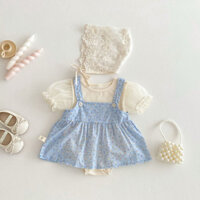 (Order) Áo suit kèm váy yếm xanh dương hoa nhí mỏng mùa hè dành cho bé gái