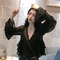 (Order) Áo voan nữ cổ V tay bèo đen chấm bi ulzzang