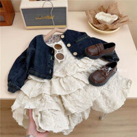 (ORDER) Bộ áo khoác bò denim xanh đậm + Váy hai dây màu trắng xòe 3 tầng bồng bềnh công chúa cho bé gái