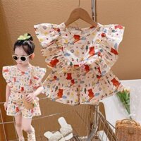 (ORDER) Bộ áo sơ mi tay cánh tiên họa tiết gấu hoa đáng yêu + Quần đùi điệu đà cho bé gái hàng Quảng Châu loại 1