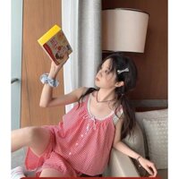 (ORDER) Bộ đồ ngủ ba lỗ tay phối ren kẻ sọc màu hồng điệu đà quần đùi đáng yêu Homedress hàng QC cao cấp