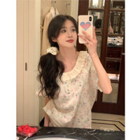 (ORDER) Bộ đồ ngủ cộc tay cổ phối viền ren họa tiết hoa hồng trắng điệu đà đáng yêu Homedress QC cao cấp