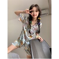 (ORDER) Bộ đồ ngủ cộc tay Pijama họa tiết mèo hoạt hình màu xanh hồng đáng yêu sang chảnh Homedress Quảng Châu cao cấp
