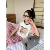 (ORDER) Bộ đồ ngủ thun cộc tay phối 2 màu trắng hồng + quần dài kẻ sọc caro đáng yêu Homedress Quảng Châu cao cấp