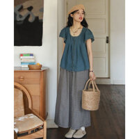 (ORDER)- Bộ đồ nữ phong cách pháp áo tay bay demin+ quần ống rộng kẻ sọc hè 2025