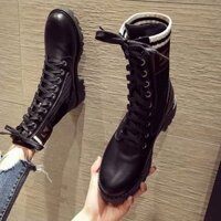 (Order) Boots chun cổ lửng viền màu buộc dây phối da lì/da bóng cao 4cm hàng cao cấp