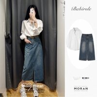 (ORDER) Chân váy bò denim MORAN dáng dài xẻ tà trước kèm đai lưng style Hàn Quốc