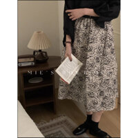 (ORDER) Chân váy midi xòe dài họa tiết bông hoa hồng đen trắng nhẹ nhàng sang trọng vintage kiểu Pháp
