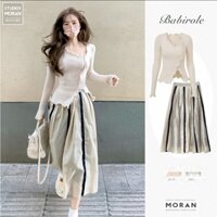 (Order) Chân váy voan MORAN xòe dài phối viền kẻ sọc đen style vintage Hàn Quốc điệu đà nữ tính (TY)