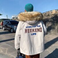 [ORDER-CÓ BIG SIZE] Áo khoác phao kaki unisex mũ lông lót lông cừu in chữ WEEKEND siêu dày ấm ulzzang hàn quốc