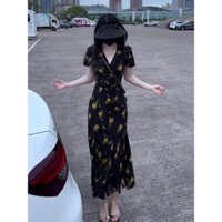 (Order) Đầm hoa nhí đuôi cá nền đen cổ điển vintage dáng dài cổ V xinh xắn