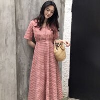 [ORDER] đầm ulzzang váy kẻ caro đỏ xanh váy dài váy xòe kiểu dáng hàn quốc đầm đi biển