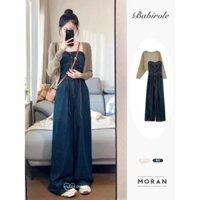 (ORDER) Jumpsuit quần dài jeans denim màu xanh đậm MORAN quây gợi cảm cá tính, ống rộng style Hong Kong sang chảnh