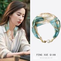 (ORDER) Khăn lụa phối ngọc trai quàng cổ sang trọng phong cách Lưu Diệc Phi hàng QC cao cấp