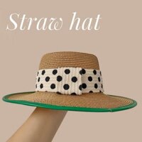 (ORDER) Mũ cói đứng form vành tròn phối viền xanh, ruy băng vải chấm bi sang chảnh vintage Hàn Quốc hàng QC cao cấp