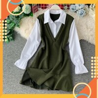 [ORDER NGAY] Váy len nữ phối áo sơ mi trắng chân váy đuôi cá siêu xinh hàng QC xịn [XẢ NỐT]