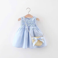 (Order QC) Váy xanh pastel sát nách mix nơ ở cầu vai tặng kèm túi siêu xinh cho bé diện hè