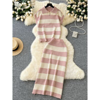 order quảng châu-set len dệt kim, hoạ tiết sọc ngang váy dài lưng cao cho nữ