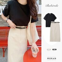 (ORDER - sẵn L) Chân váy MORAN cạp cao kèm đai lưng dáng dài A-line xẻ tà đơn giản style Hàn Quốc